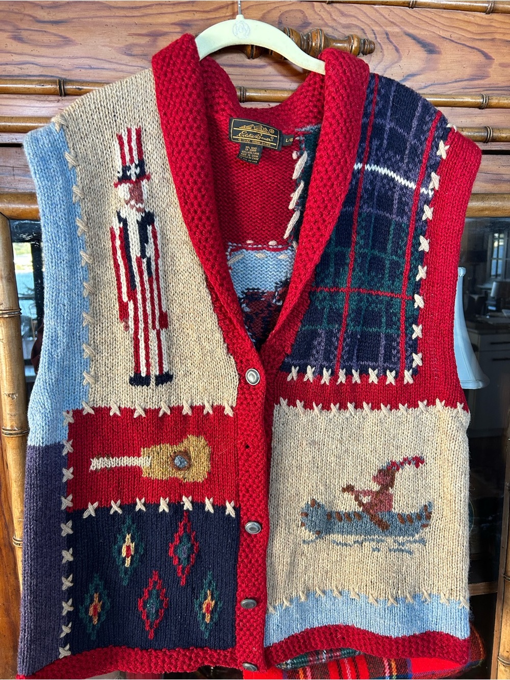 Eddie Bauer Red Multicolor Patchwork Knit Cardigan Vest